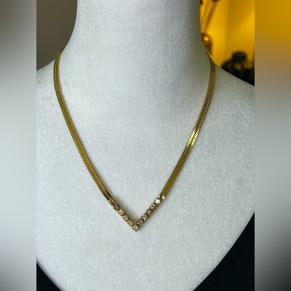 Jewelry - Vintage Gold Tone V Necklace with Clear Rhinestones – Elegant Chevron Statement